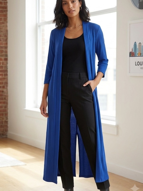 Travel Elements Jackets & Blazers - Travel‎ Elements  chic Long Open-Front Ribbed Duster Cardigan in Blue